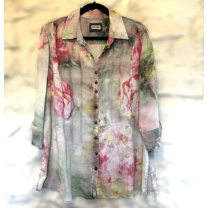 Art to Wear Linen Blouse Sz 18 Watercolor Floral Gerry Weber Boho Lightweight